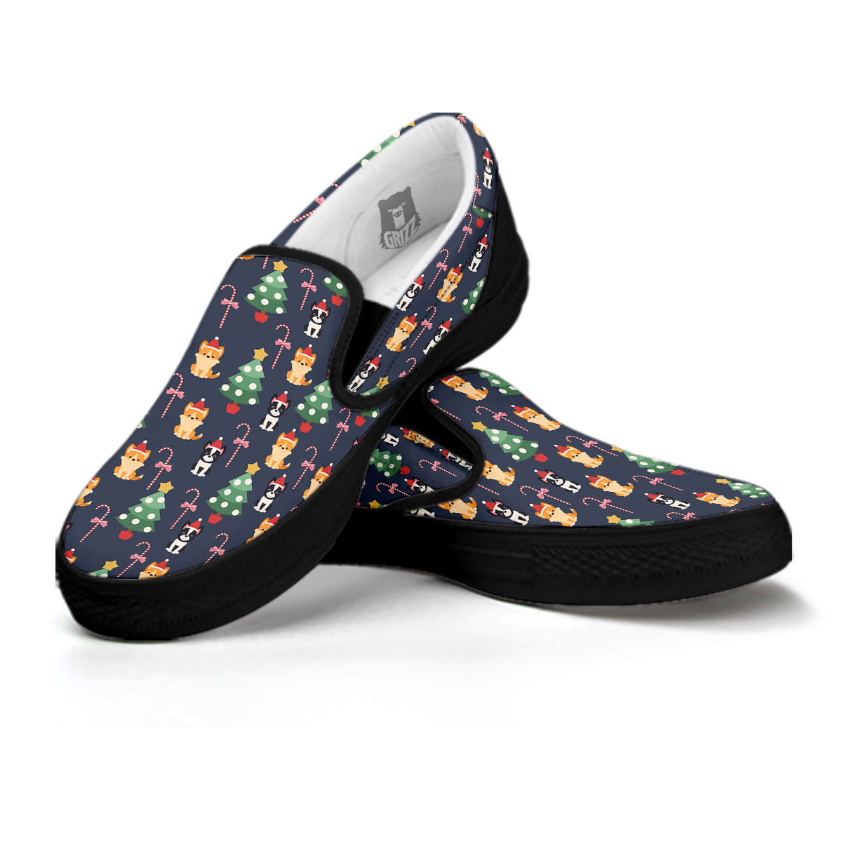 Boston Terrier And Corgi Christmas Print Black Slip On Shoes-grizzshop