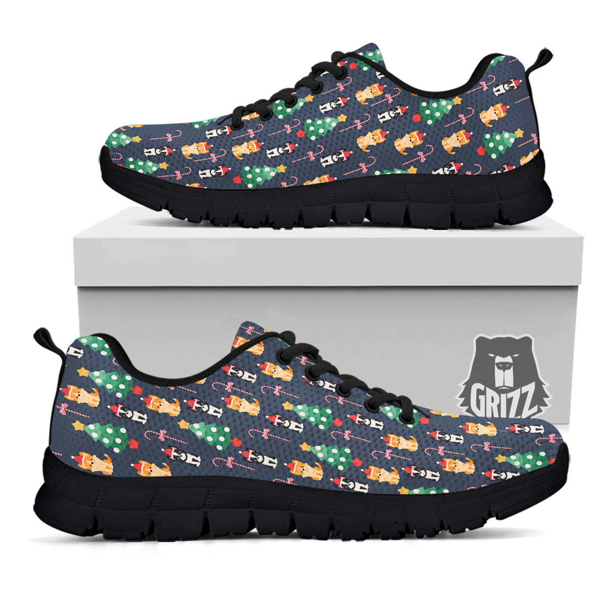 Boston Terrier And Corgi Christmas Print Black Sneaker-grizzshop