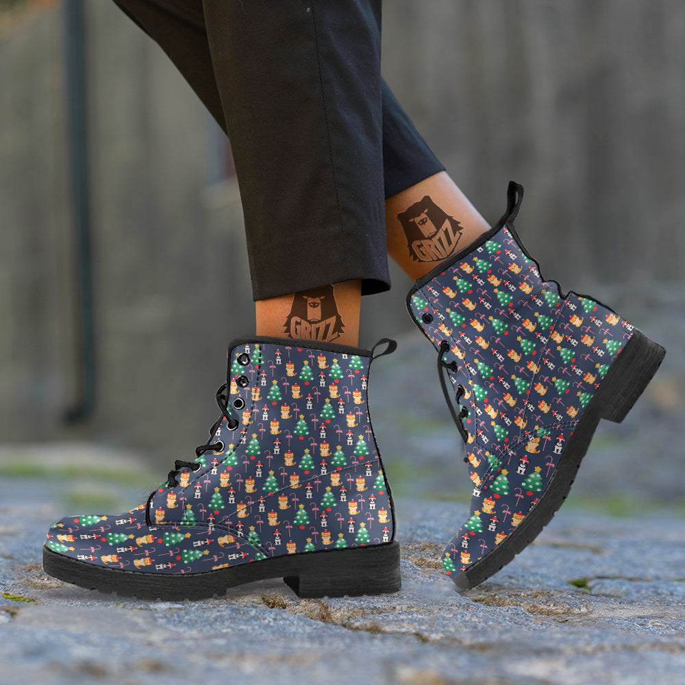 Boston Terrier And Corgi Christmas Print Leather Boots-grizzshop