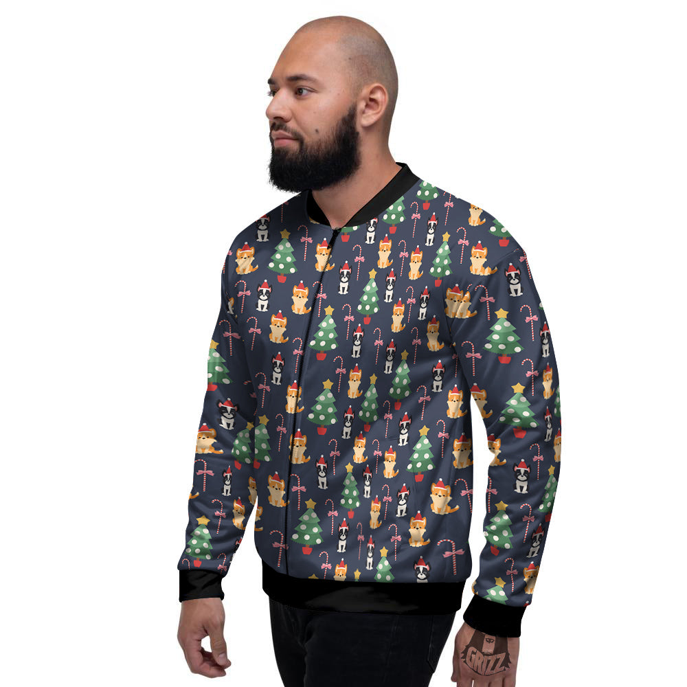 Boston Terrier And Corgi Christmas Print Men's Bomber Jacket-grizzshop