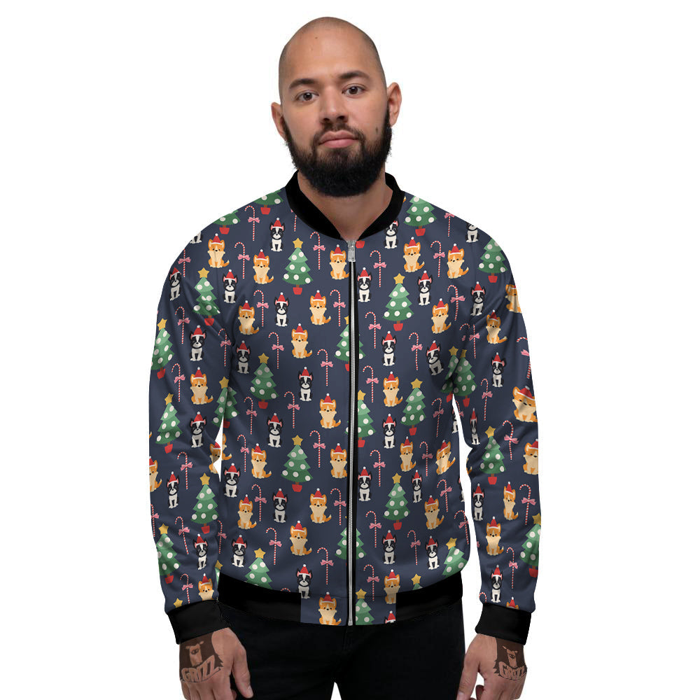 Boston Terrier And Corgi Christmas Print Men's Bomber Jacket-grizzshop
