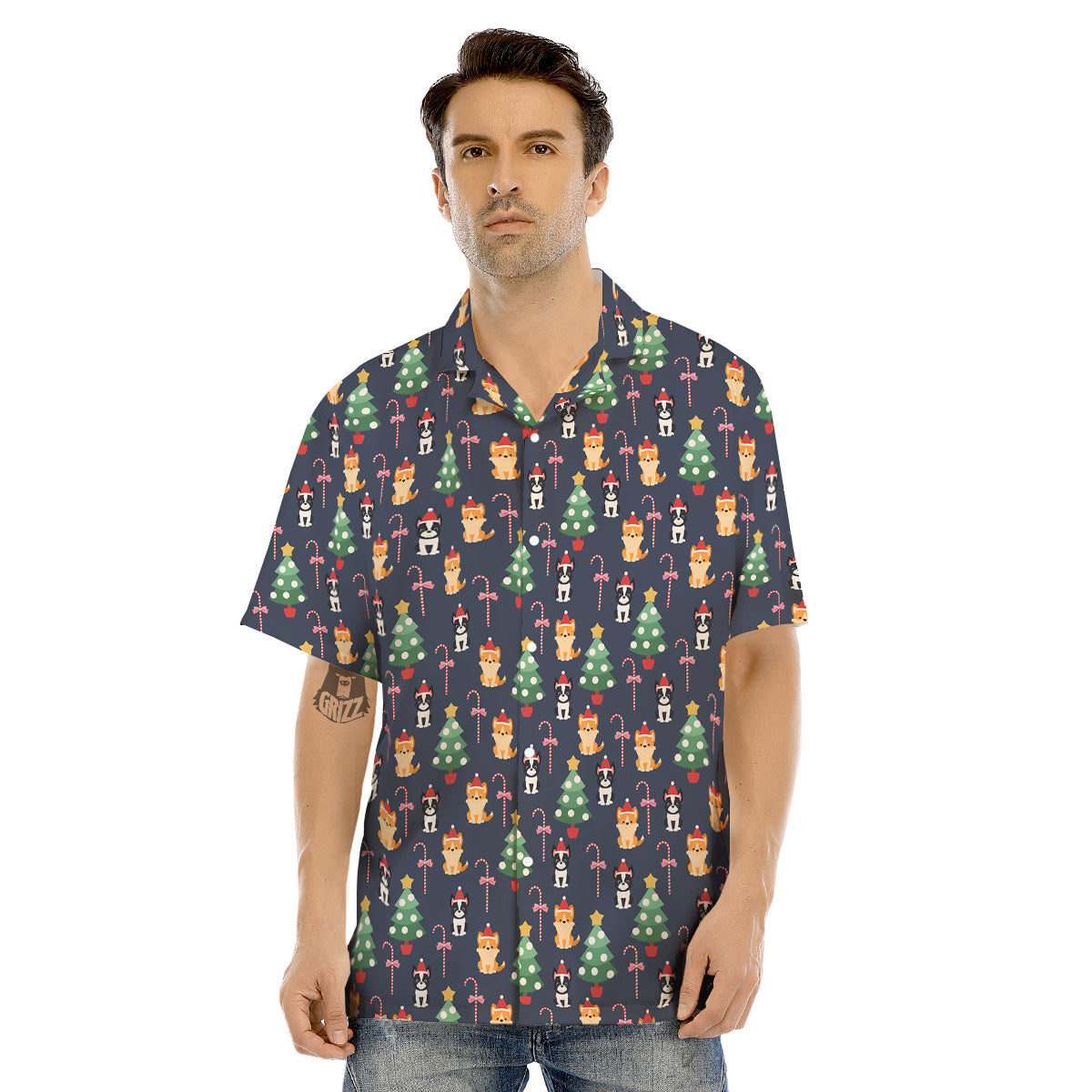 Boston Terrier And Corgi Christmas Print Men's Hawaiian Shirt-grizzshop