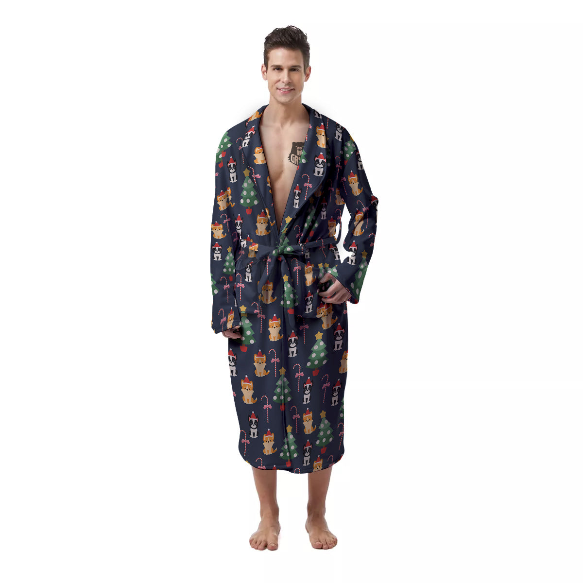 Boston Terrier And Corgi Christmas Print Men's Robe-grizzshop