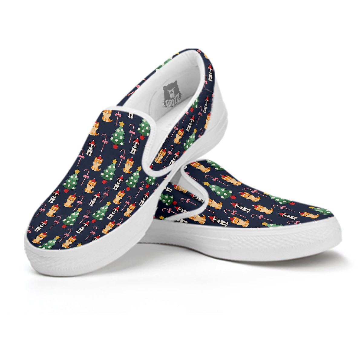 Boston Terrier And Corgi Christmas Print White Slip On Shoes-grizzshop