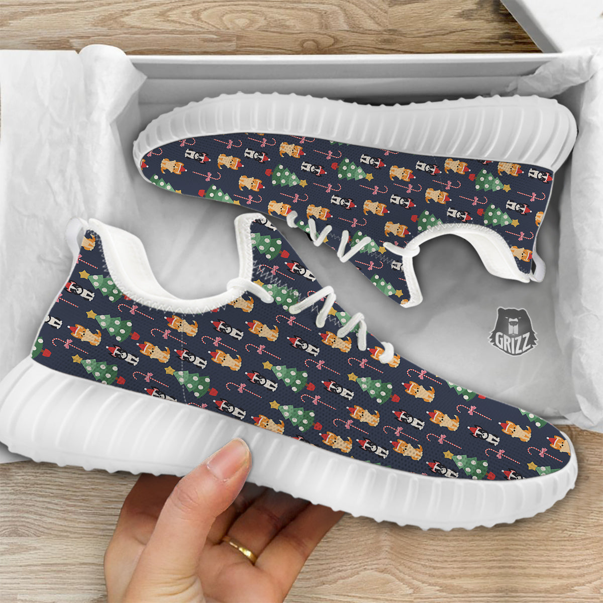 Boston Terrier And Corgi Christmas Print White Walking Shoes-grizzshop