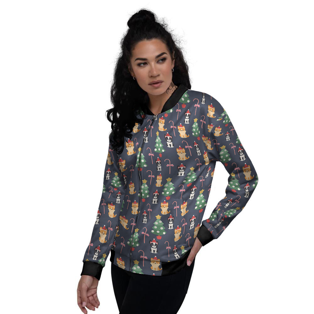 Boston Terrier And Corgi Christmas Print Women's Bomber Jacket-grizzshop