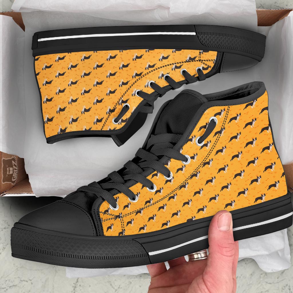 Boston Terrier Cartoon Print Pattern Black High Top Shoes-grizzshop