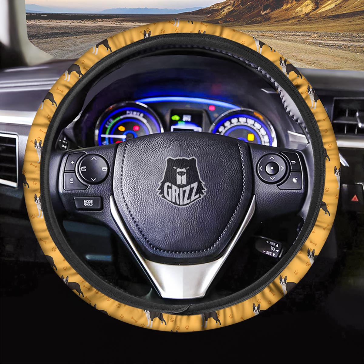 Boston Terrier Cartoon Print Pattern Car Steering Wheel Cover-grizzshop