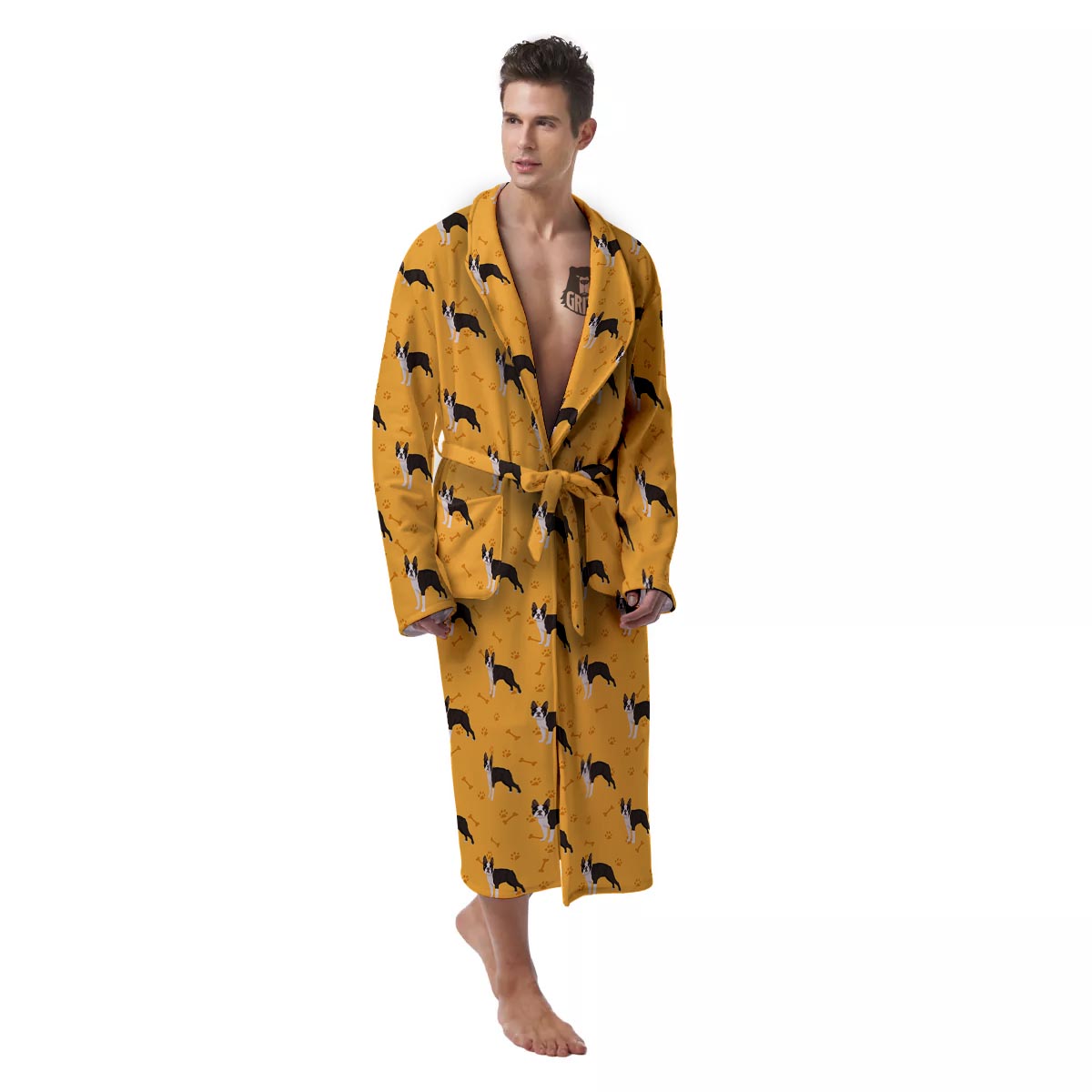 Boston Terrier Cartoon Print Pattern Men's Robe-grizzshop