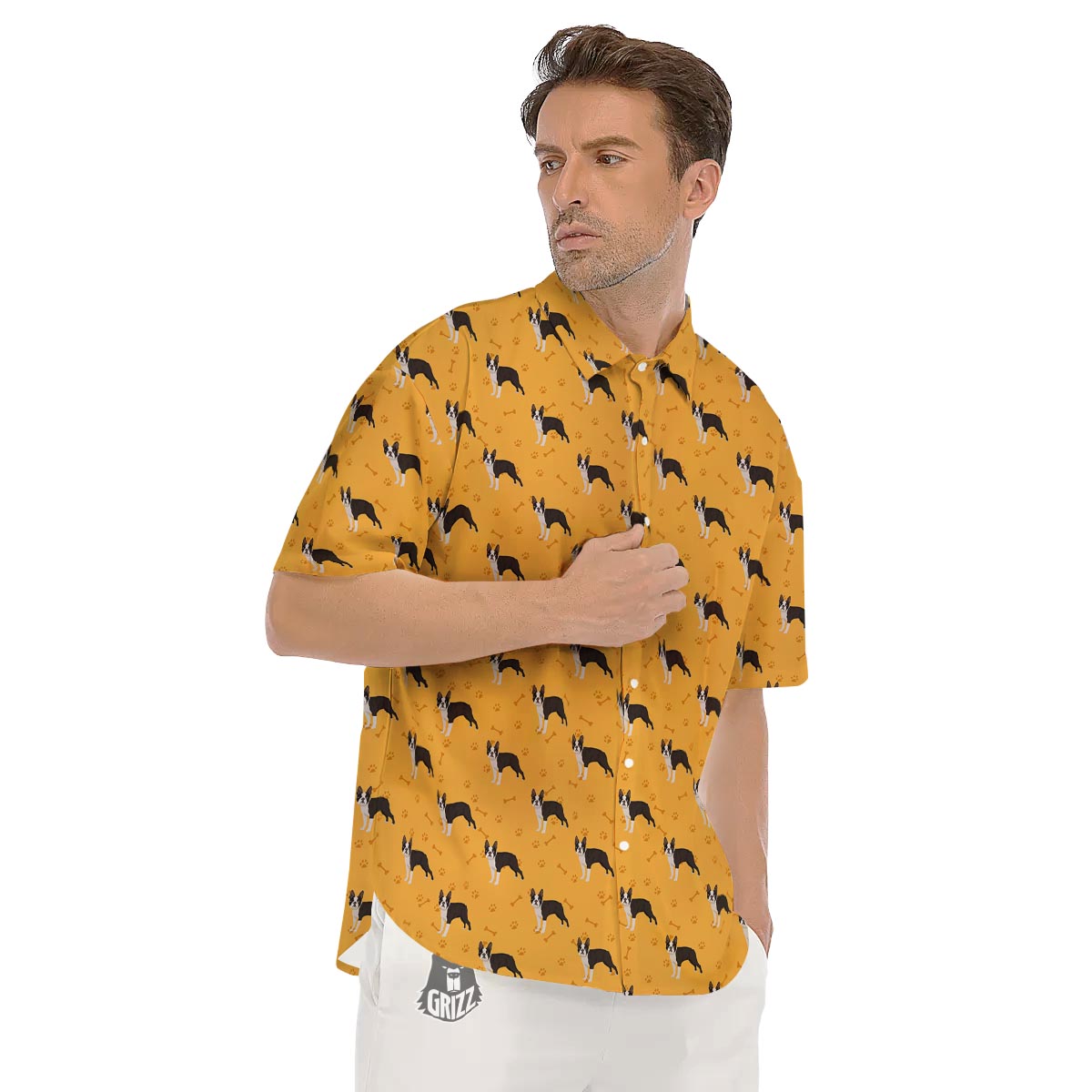 Boston Terrier Cartoon Print Pattern Men's Short Sleeve Shirts-grizzshop