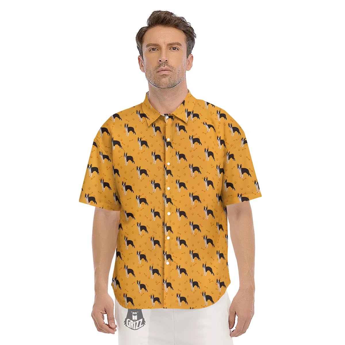 Boston Terrier Cartoon Print Pattern Men's Short Sleeve Shirts-grizzshop