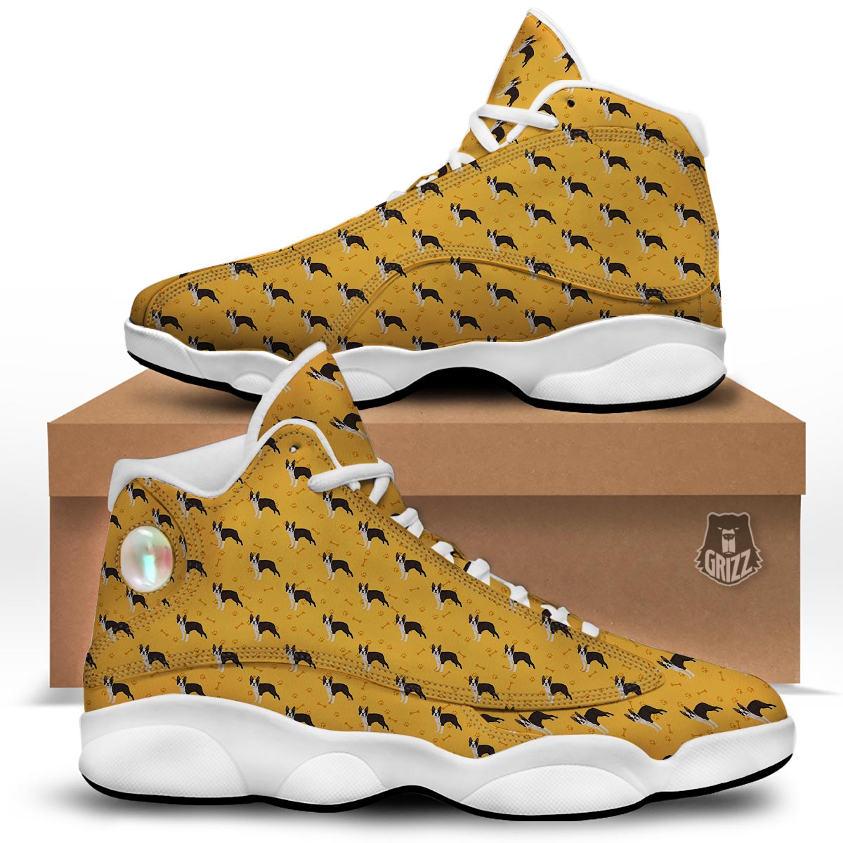 Boston Terrier Cartoon Print Pattern White Basketball Shoes-grizzshop