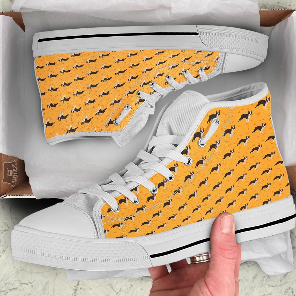 Boston Terrier Cartoon Print Pattern White High Top Shoes-grizzshop