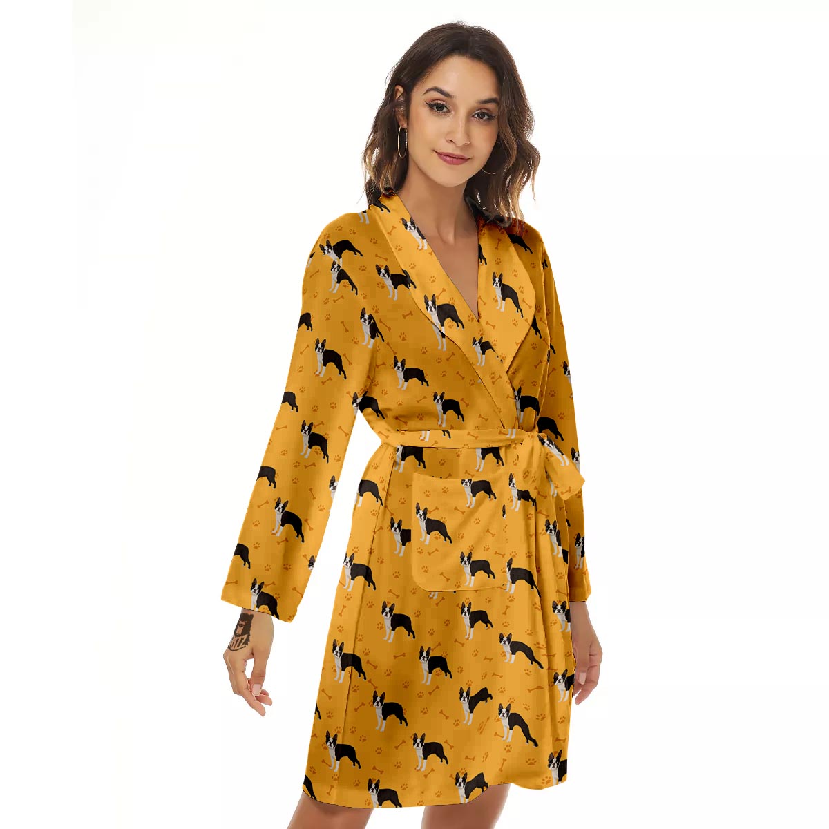 Boston Terrier Cartoon Print Pattern Women's Robe-grizzshop