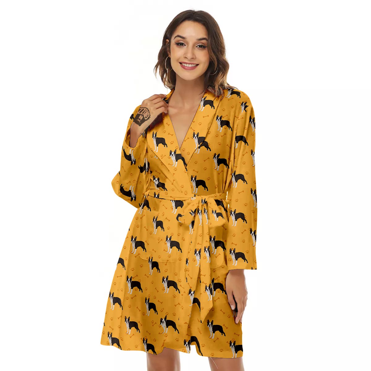 Boston Terrier Cartoon Print Pattern Women's Robe-grizzshop