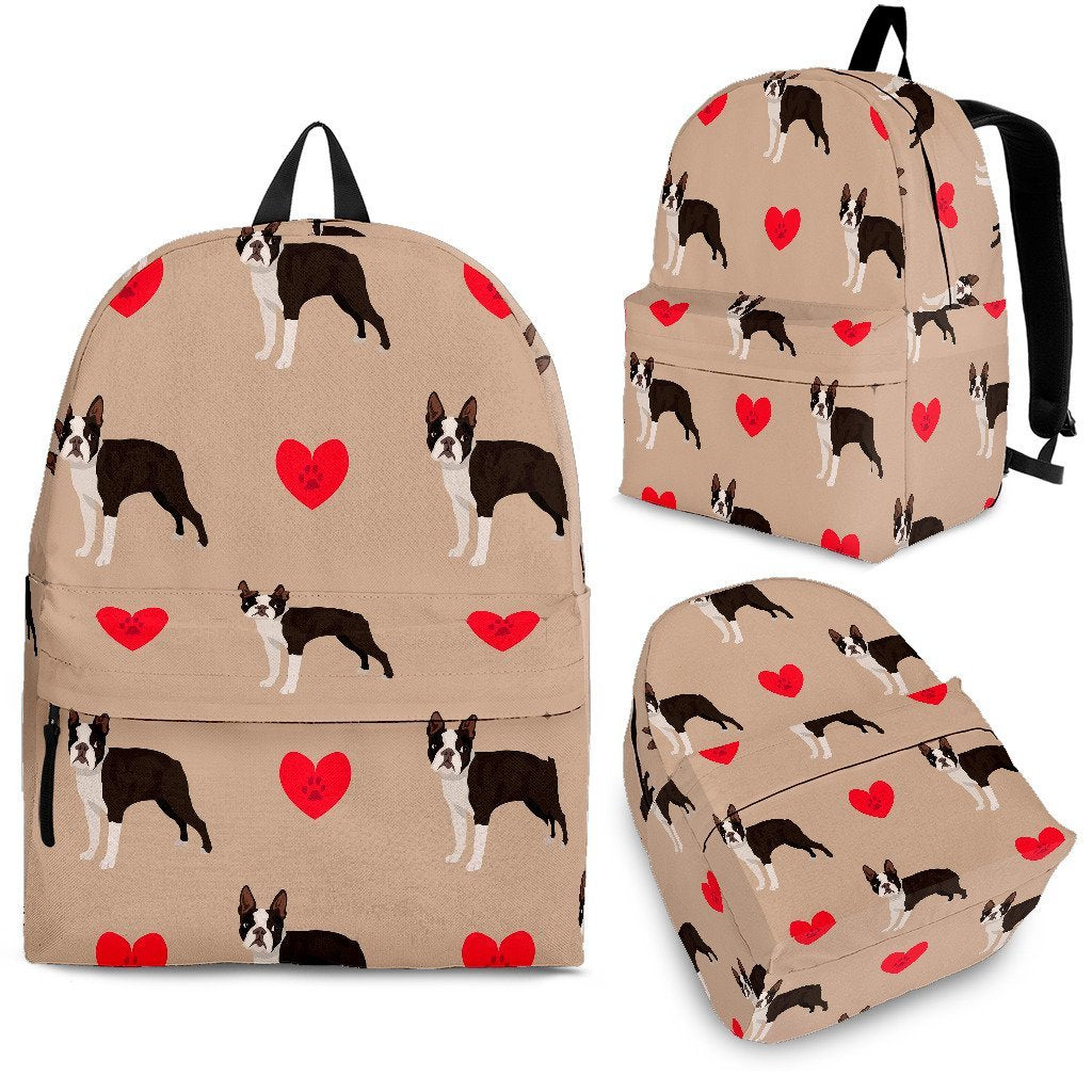 Boston Terrier Heart Paw Pattern Print Backpack-grizzshop