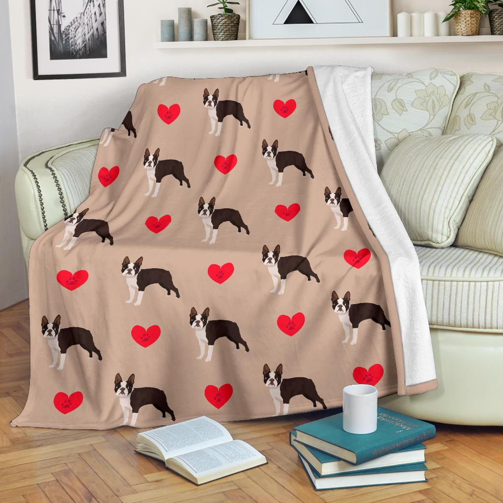 Boston Terrier Heart Paw Pattern Print Blanket-grizzshop