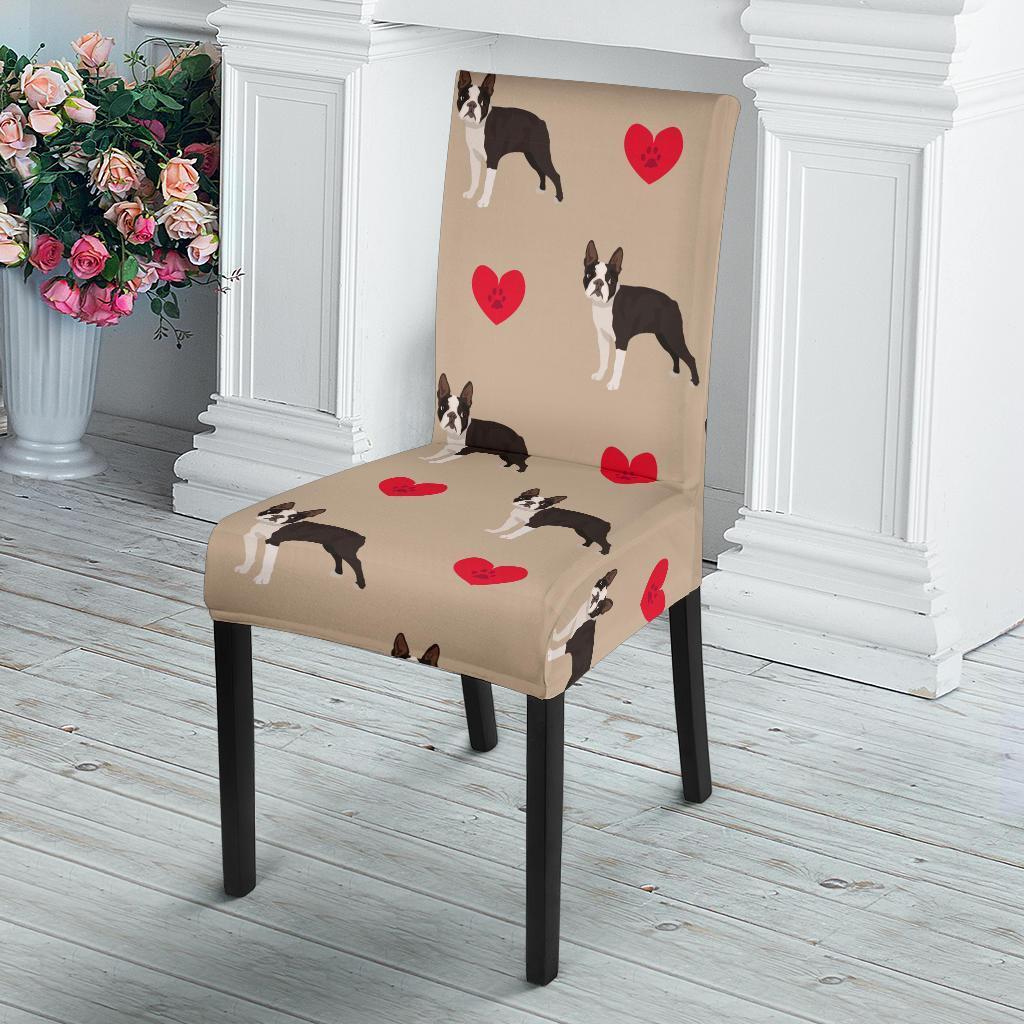 Boston Terrier Heart Paw Pattern Print Chair Cover-grizzshop