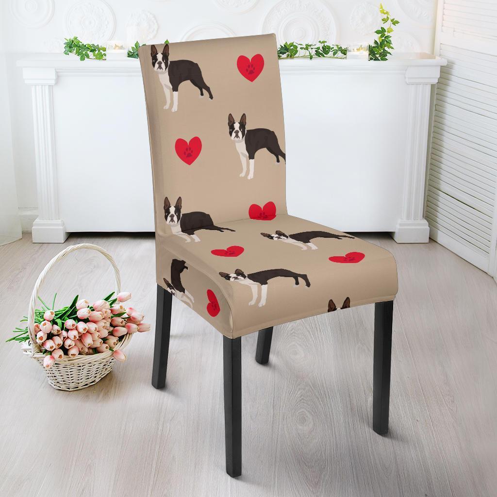 Boston Terrier Heart Paw Pattern Print Chair Cover-grizzshop