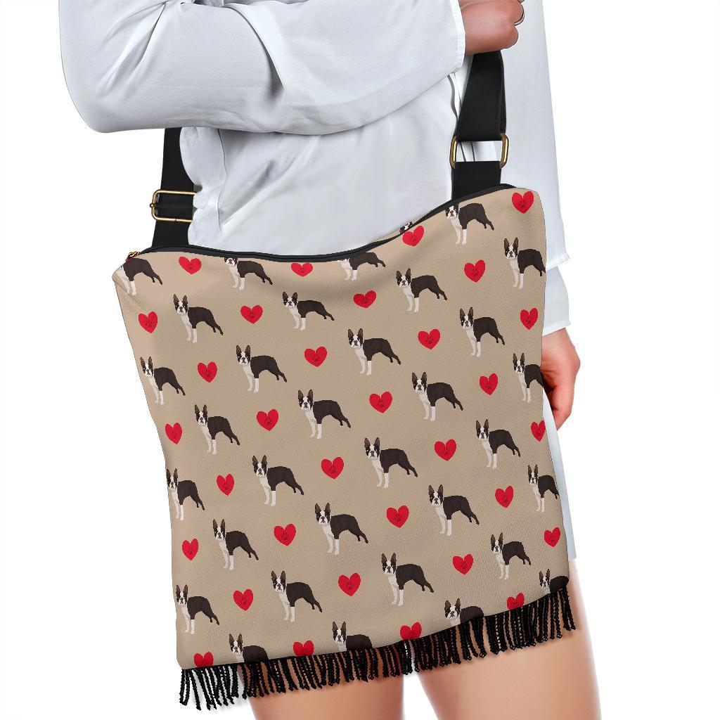 Boston Terrier Heart Paw Pattern Print Crossbody Bags-grizzshop