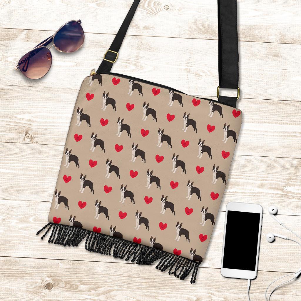 Boston Terrier Heart Paw Pattern Print Crossbody Bags-grizzshop