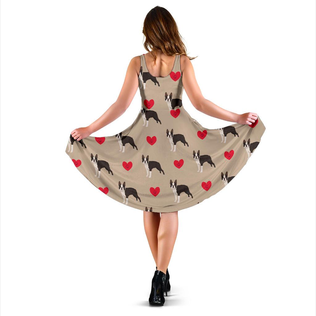 Boston Terrier Heart Paw Pattern Print Dress-grizzshop