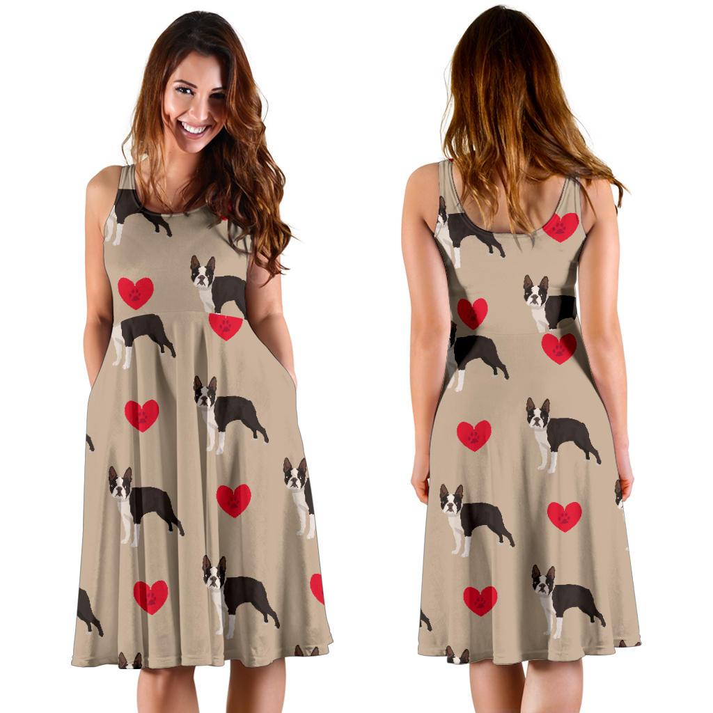 Boston Terrier Heart Paw Pattern Print Dress-grizzshop