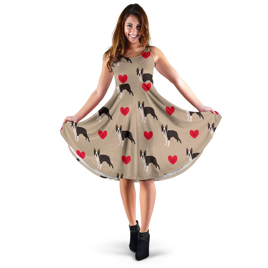 Boston Terrier Heart Paw Pattern Print Dress-grizzshop