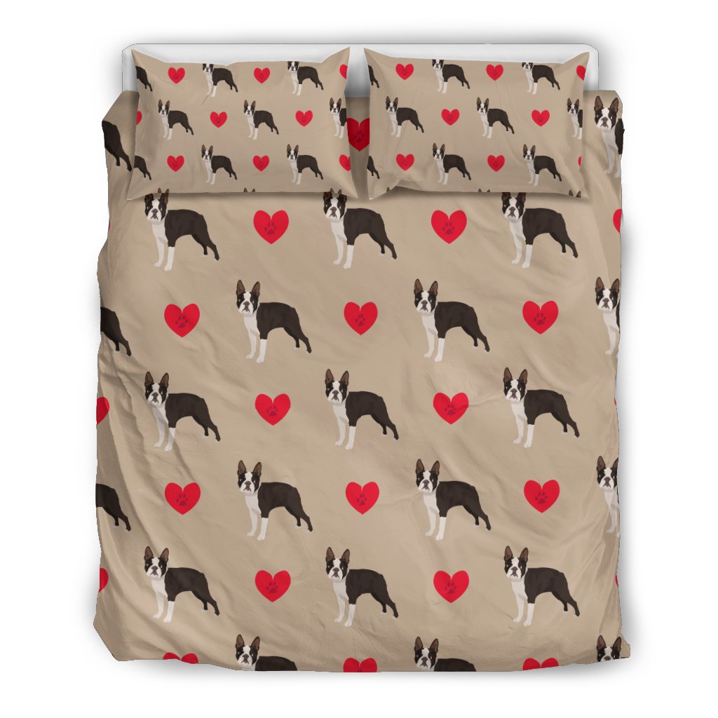 Boston Terrier Heart Paw Pattern Print Duvet Cover Bedding Set-grizzshop