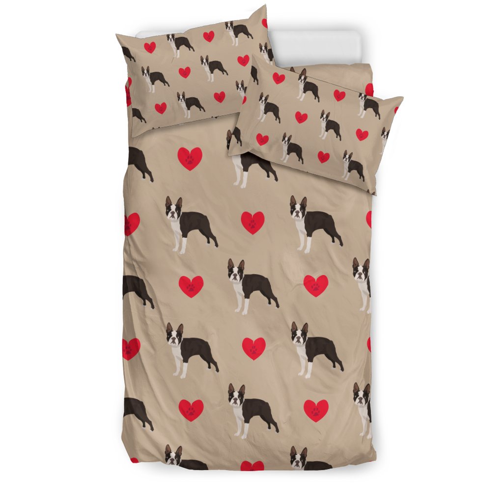 Boston Terrier Heart Paw Pattern Print Duvet Cover Bedding Set-grizzshop