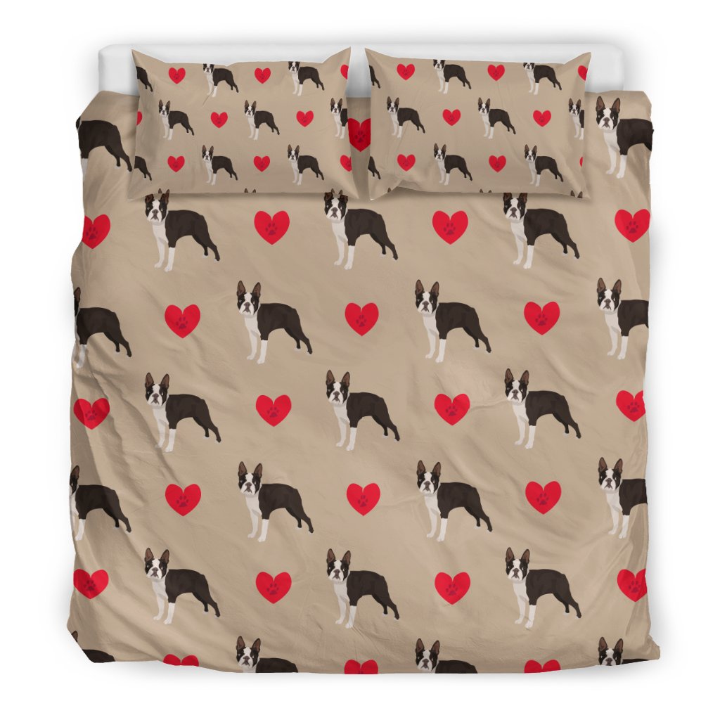 Boston Terrier Heart Paw Pattern Print Duvet Cover Bedding Set-grizzshop