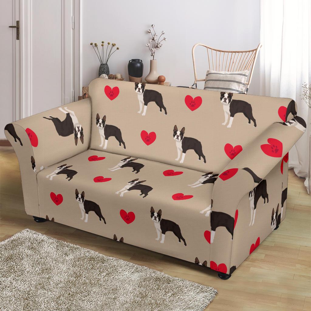 Boston Terrier Heart Paw Pattern Print Loveseat Cover-grizzshop