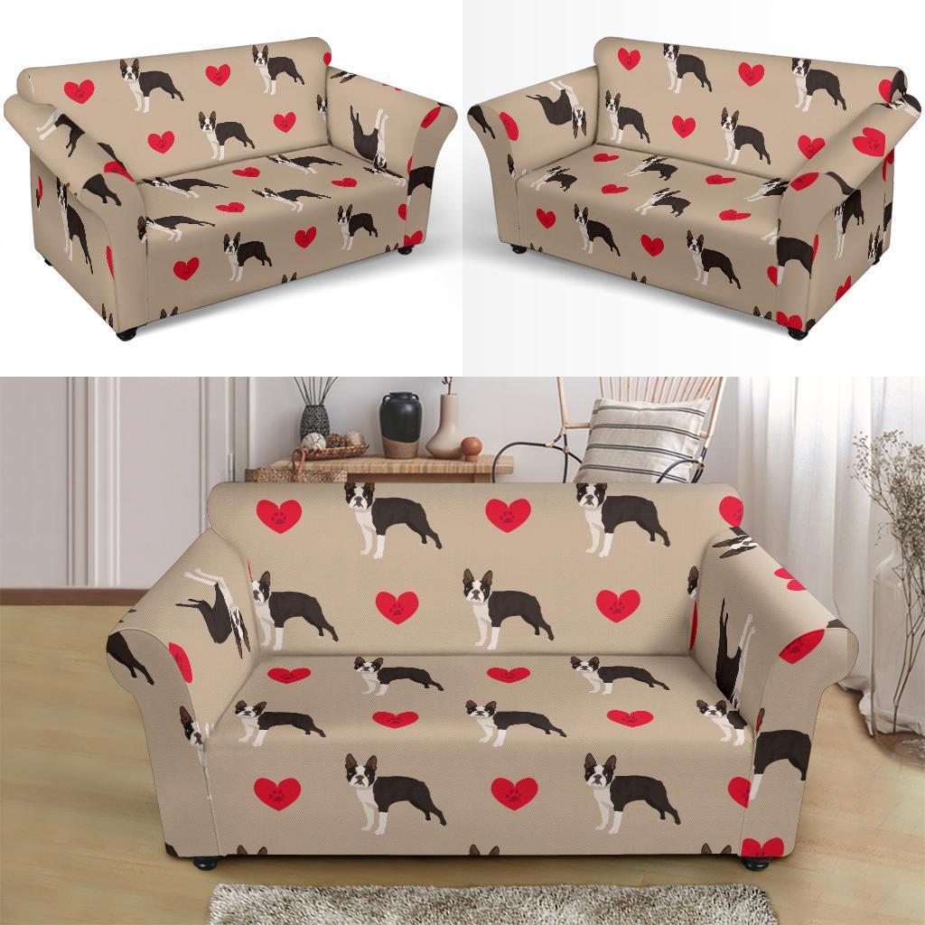 Boston Terrier Heart Paw Pattern Print Loveseat Cover-grizzshop