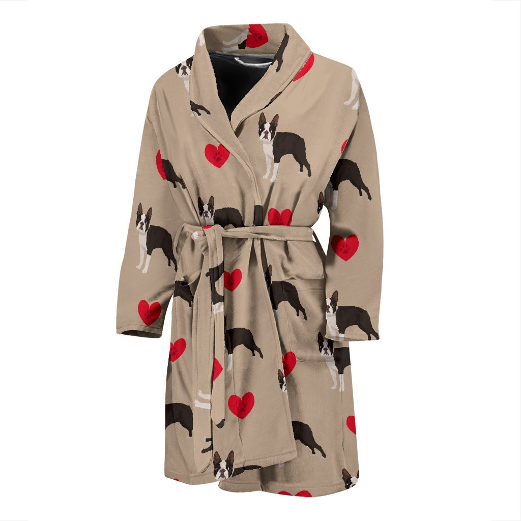 Boston Terrier Heart Paw Pattern Print Men Long Robe-grizzshop