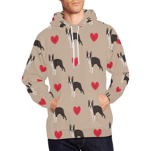 Boston Terrier Heart Paw Pattern Print Men Pullover Hoodie-grizzshop