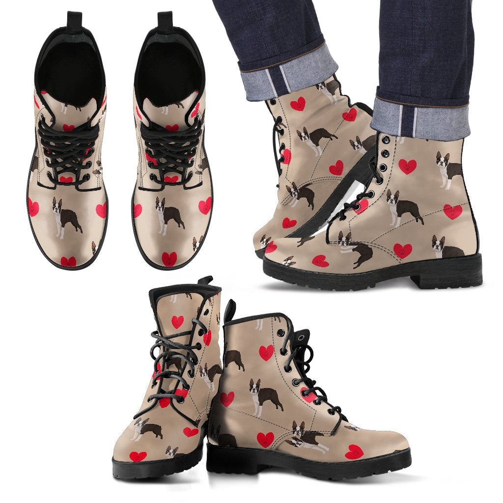 Boston Terrier Heart Paw Pattern Print Men Women Leather Boots-grizzshop