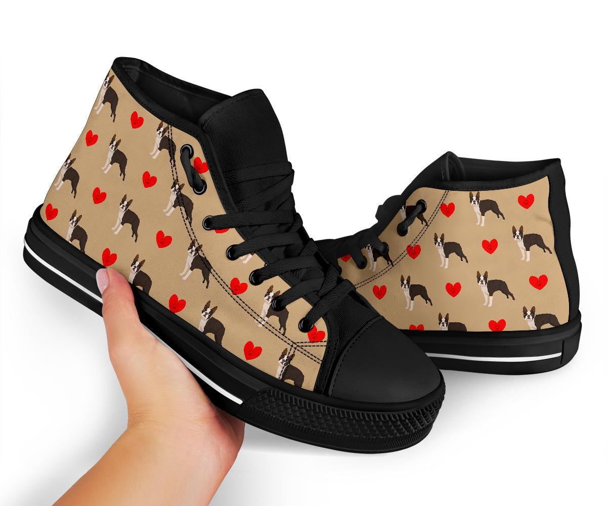 Boston Terrier Heart Paw Pattern Print Men Women's High Top Shoes-grizzshop