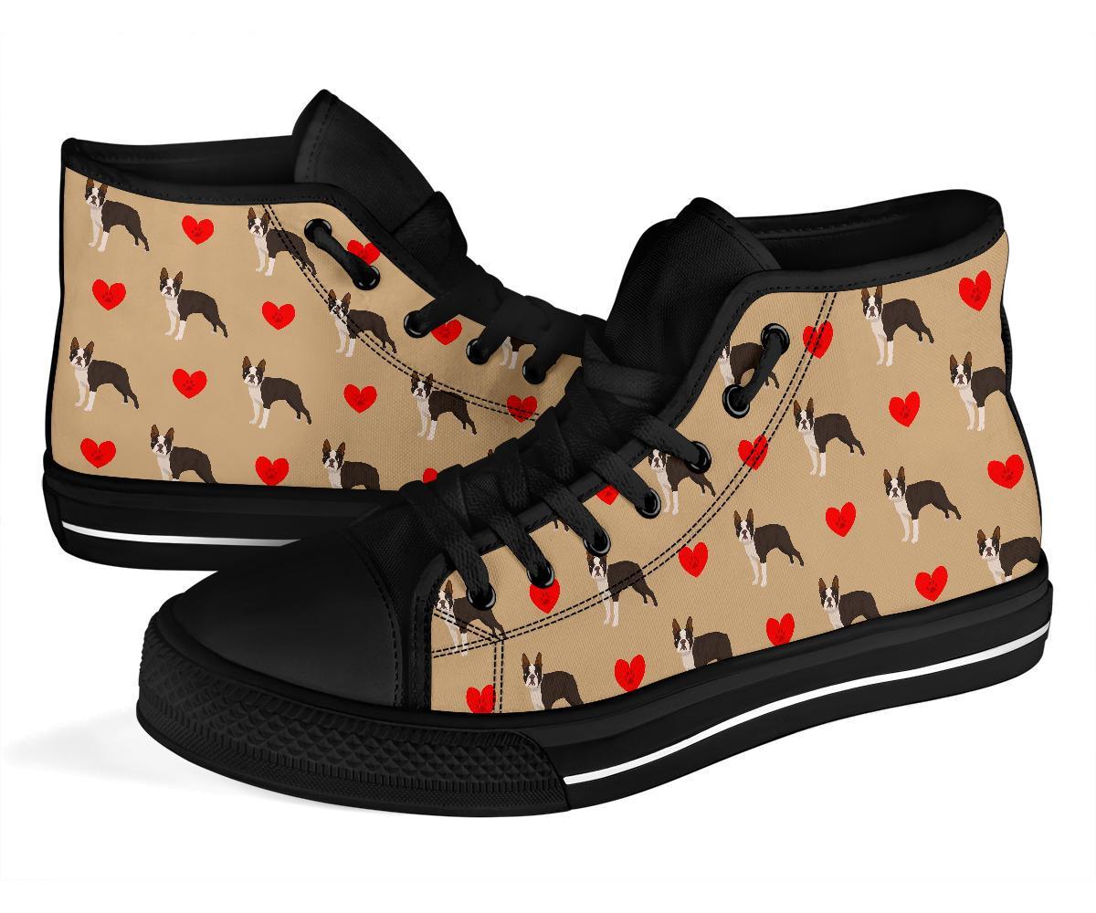 Boston Terrier Heart Paw Pattern Print Men Women's High Top Shoes-grizzshop