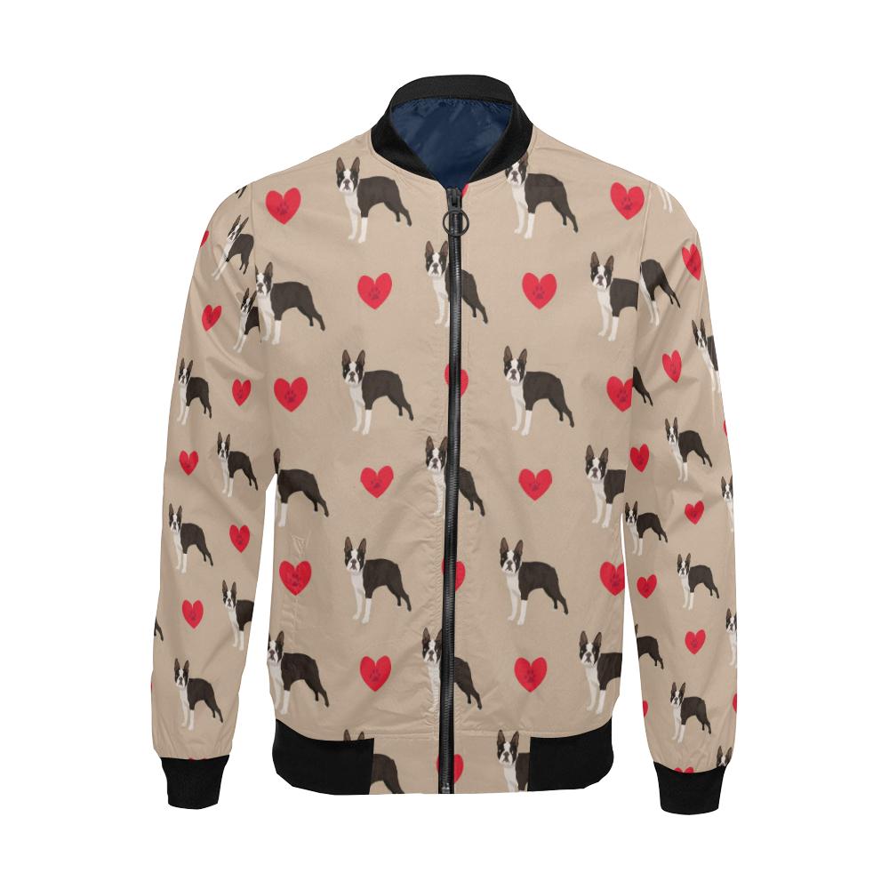 Boston Terrier Heart Paw Pattern Print Men's Bomber Jacket-grizzshop