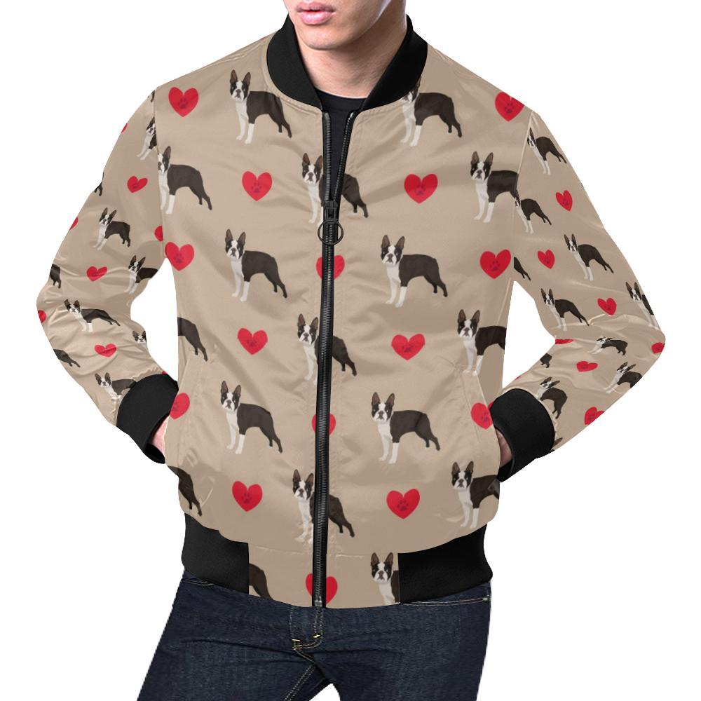 Boston Terrier Heart Paw Pattern Print Men's Bomber Jacket-grizzshop