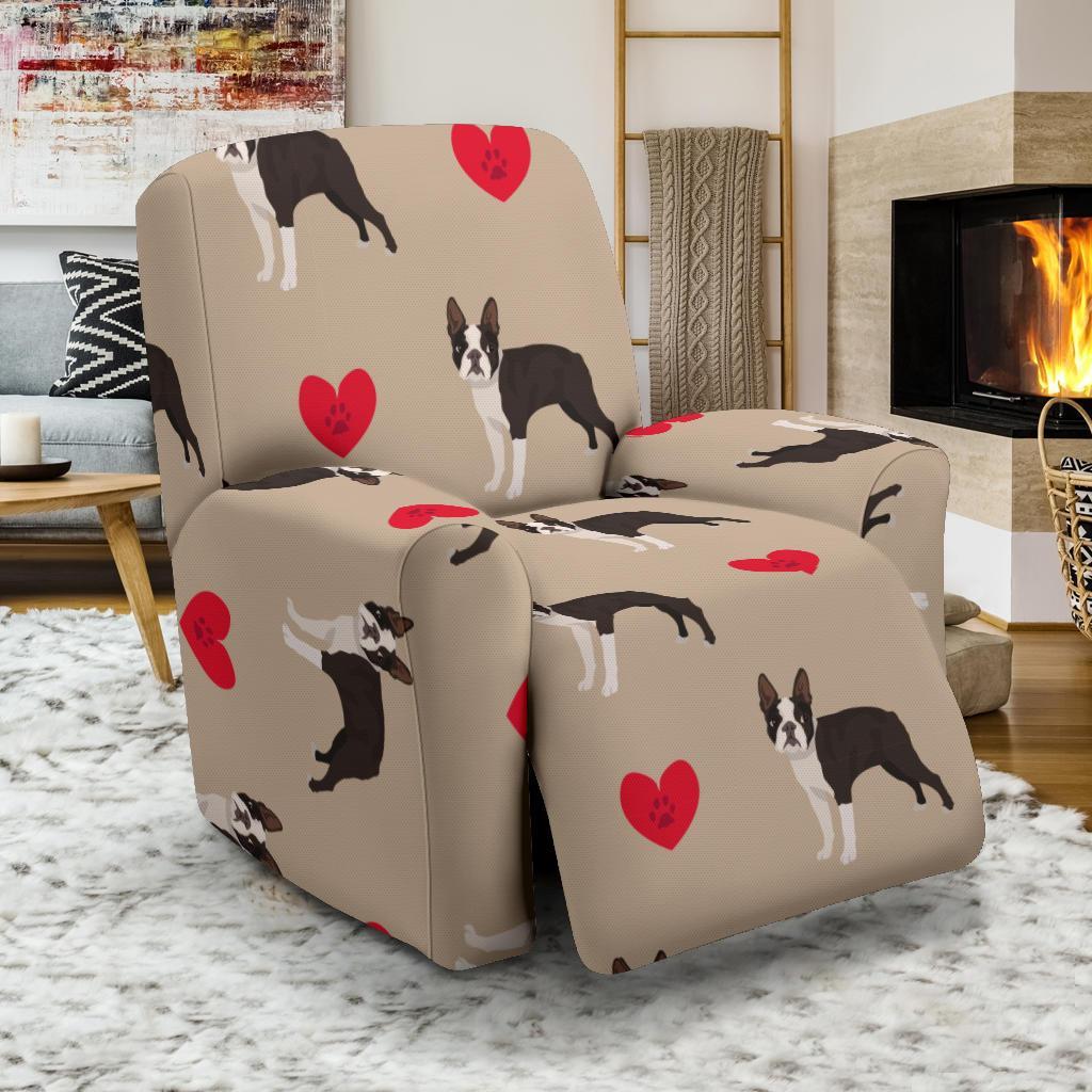 Boston Terrier Heart Paw Pattern Print Recliner Cover-grizzshop