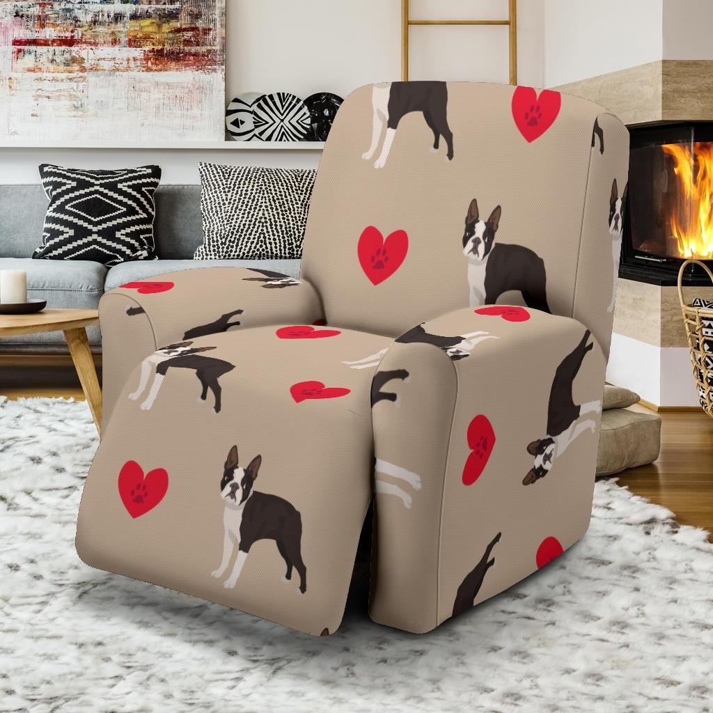 Boston Terrier Heart Paw Pattern Print Recliner Cover-grizzshop