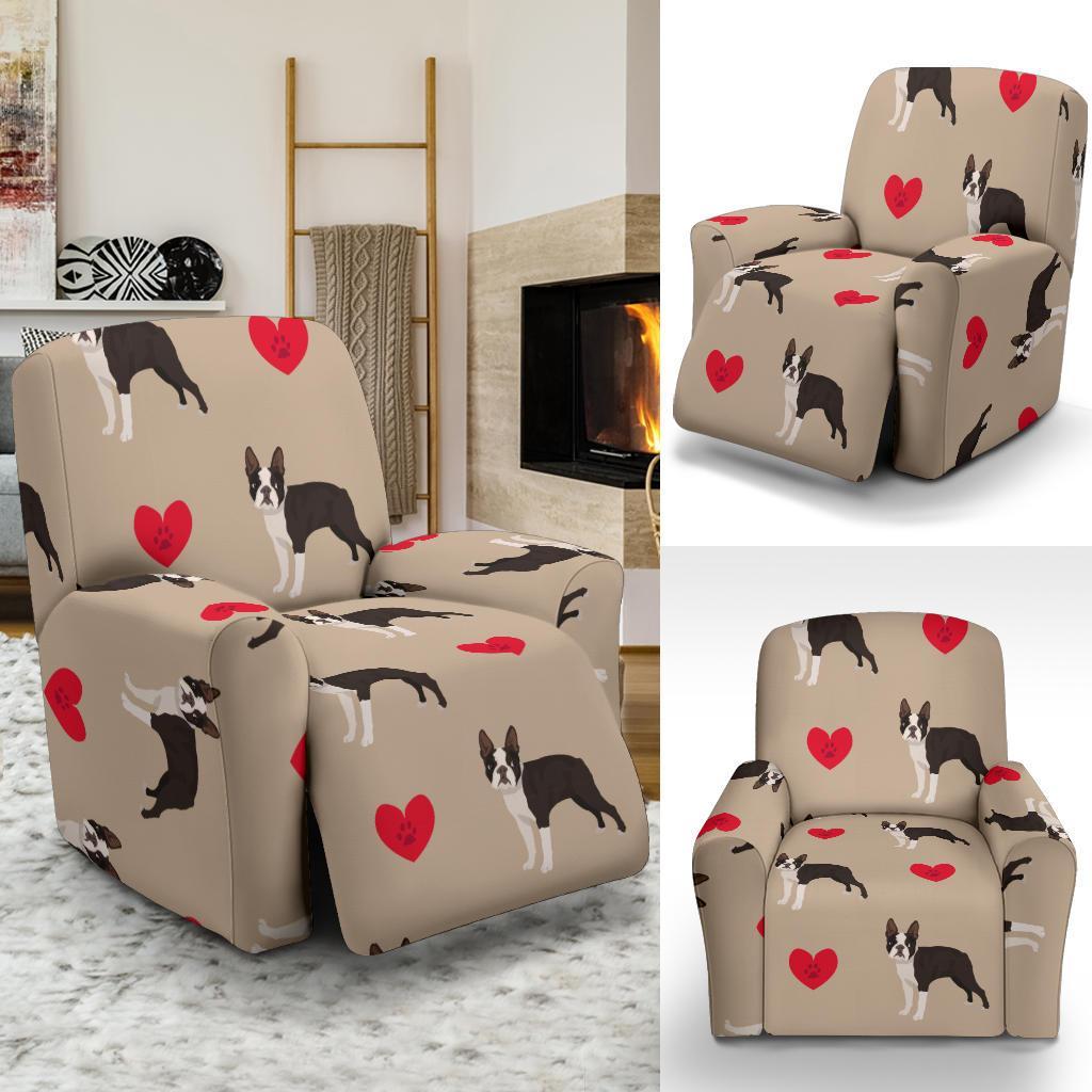 Boston Terrier Heart Paw Pattern Print Recliner Cover-grizzshop