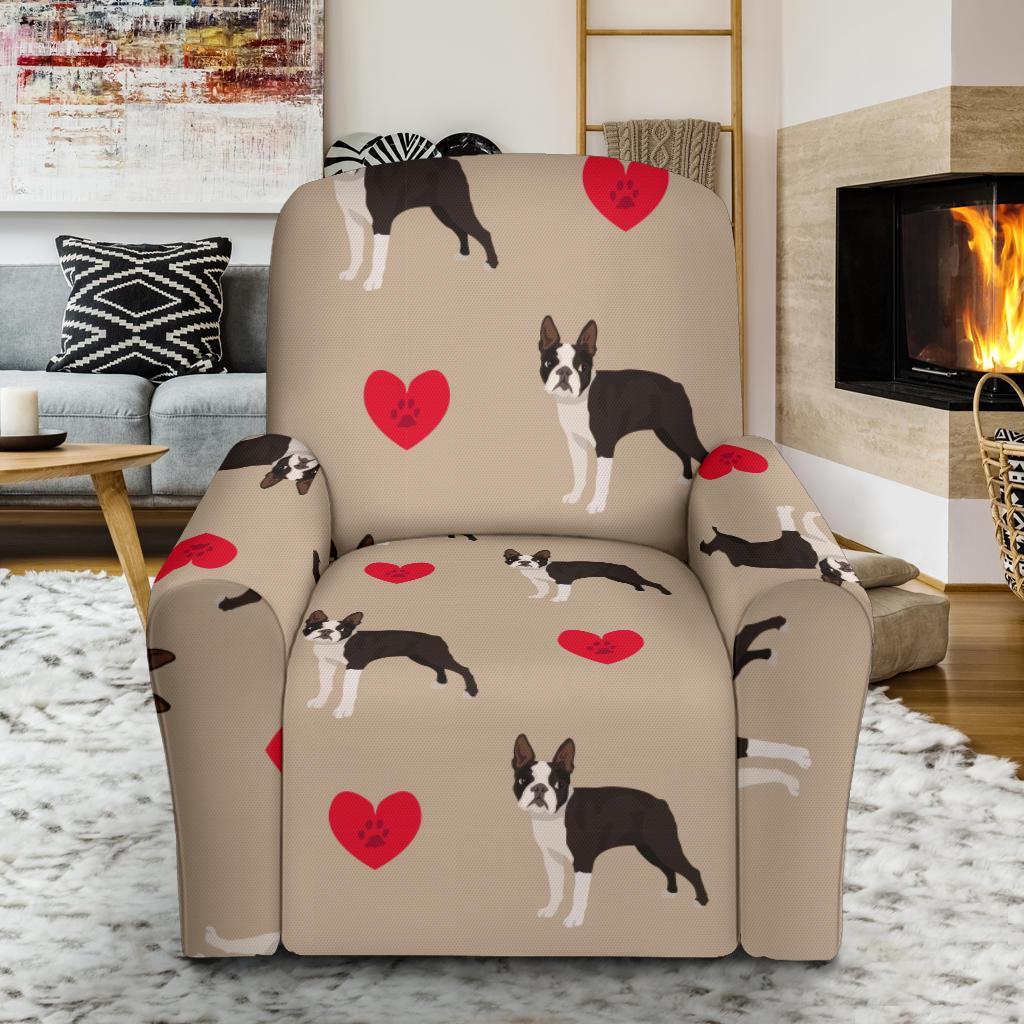 Boston Terrier Heart Paw Pattern Print Recliner Cover-grizzshop