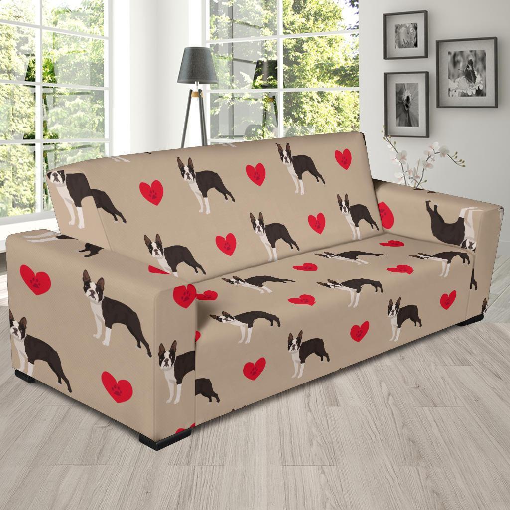 Boston Terrier Heart Paw Pattern Print Sofa Covers-grizzshop