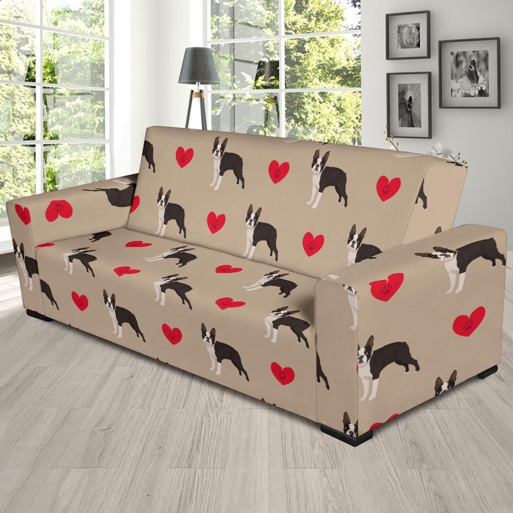 Boston Terrier Heart Paw Pattern Print Sofa Covers-grizzshop