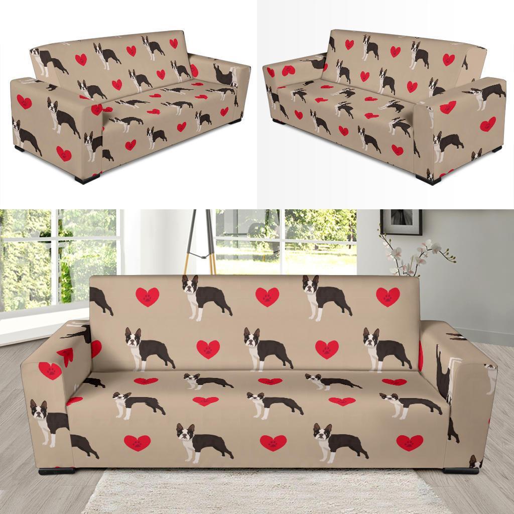 Boston Terrier Heart Paw Pattern Print Sofa Covers-grizzshop