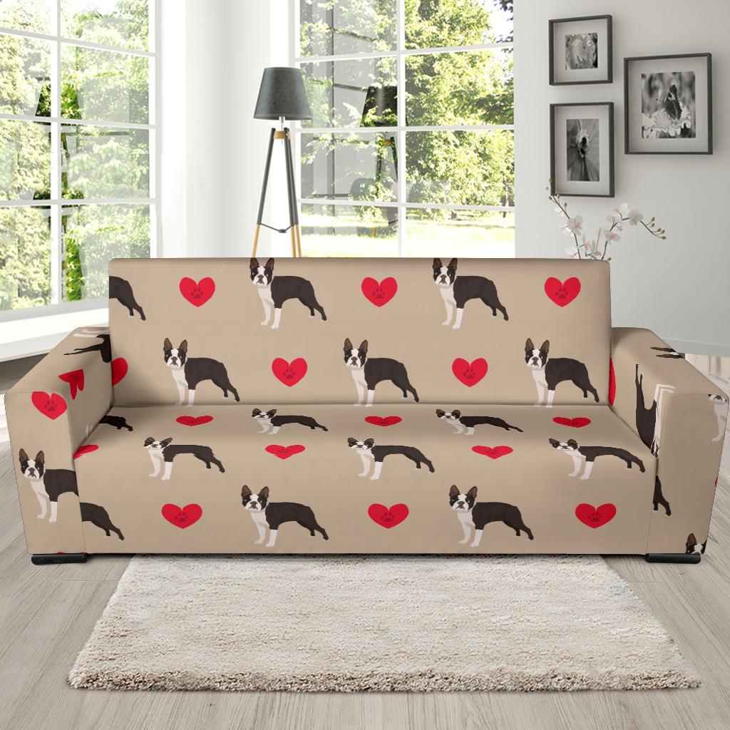 Boston Terrier Heart Paw Pattern Print Sofa Covers-grizzshop