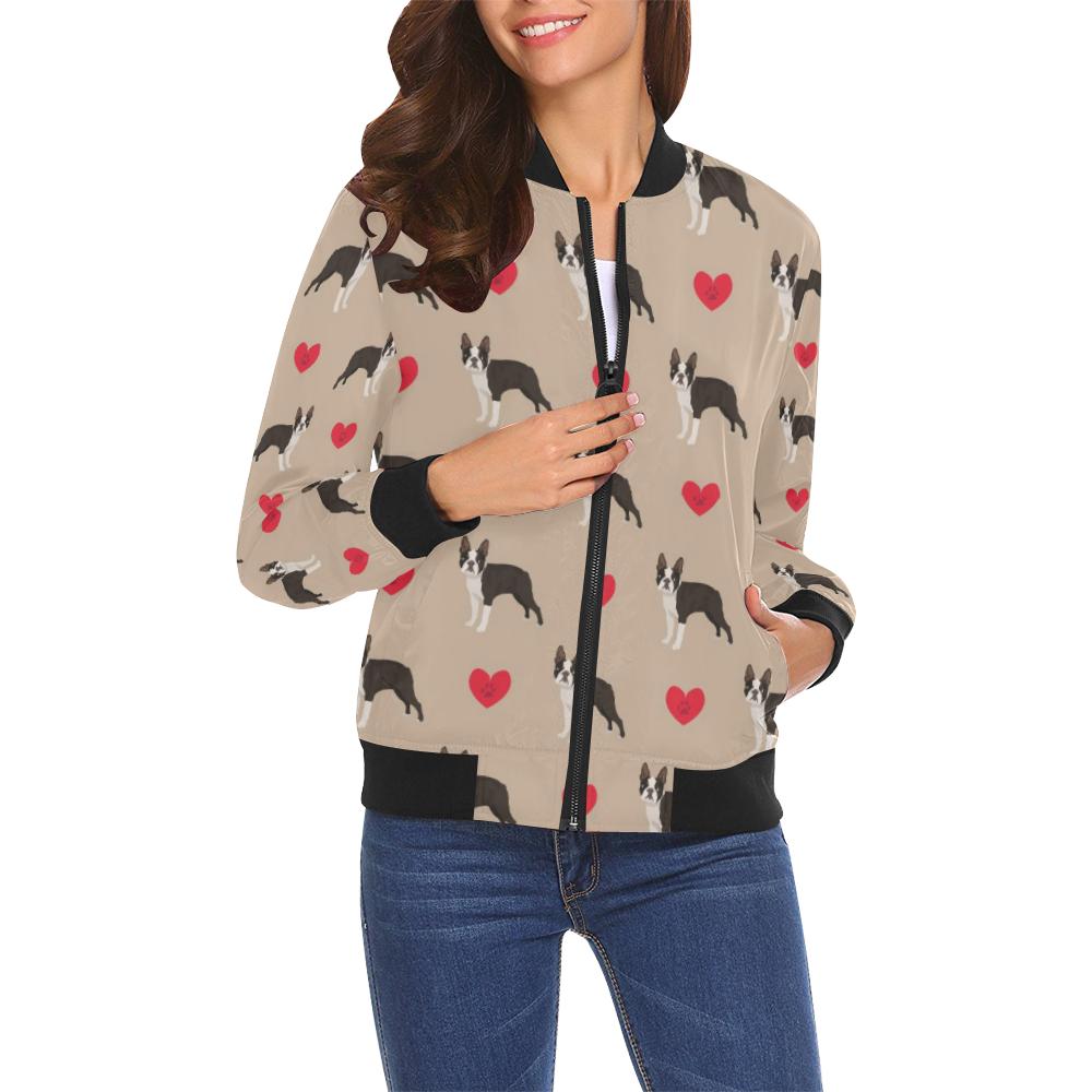 Boston Terrier Heart Paw Pattern Print Women Casual Bomber Jacket-grizzshop