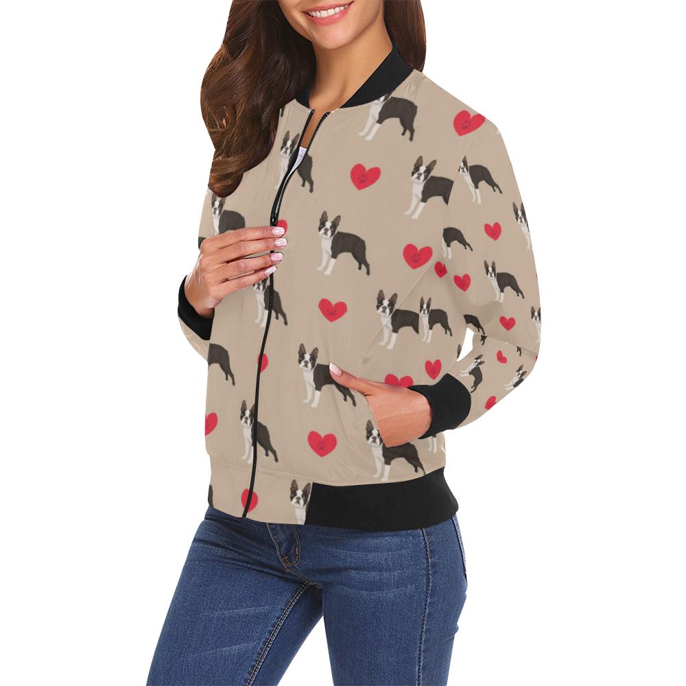 Boston Terrier Heart Paw Pattern Print Women Casual Bomber Jacket-grizzshop